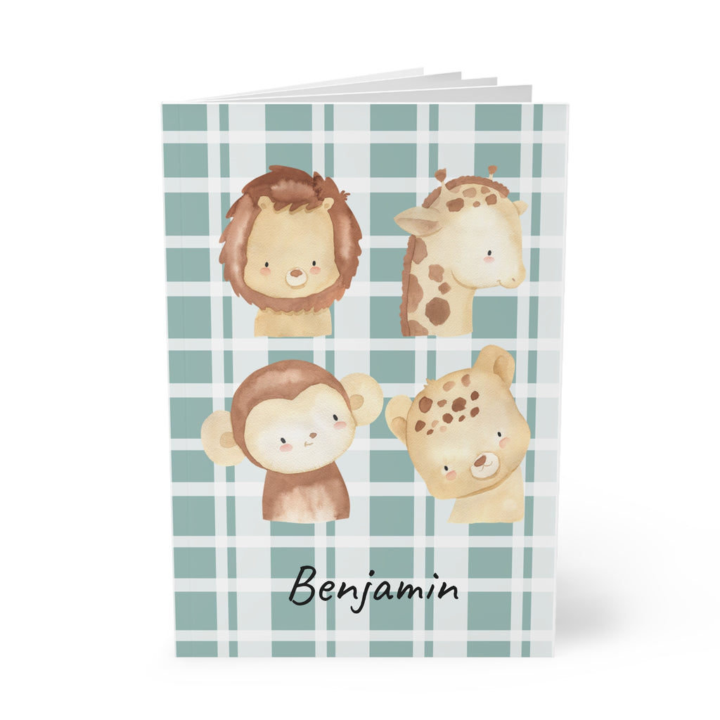 Personalized safari plaid notebook held in hand showing A5 size