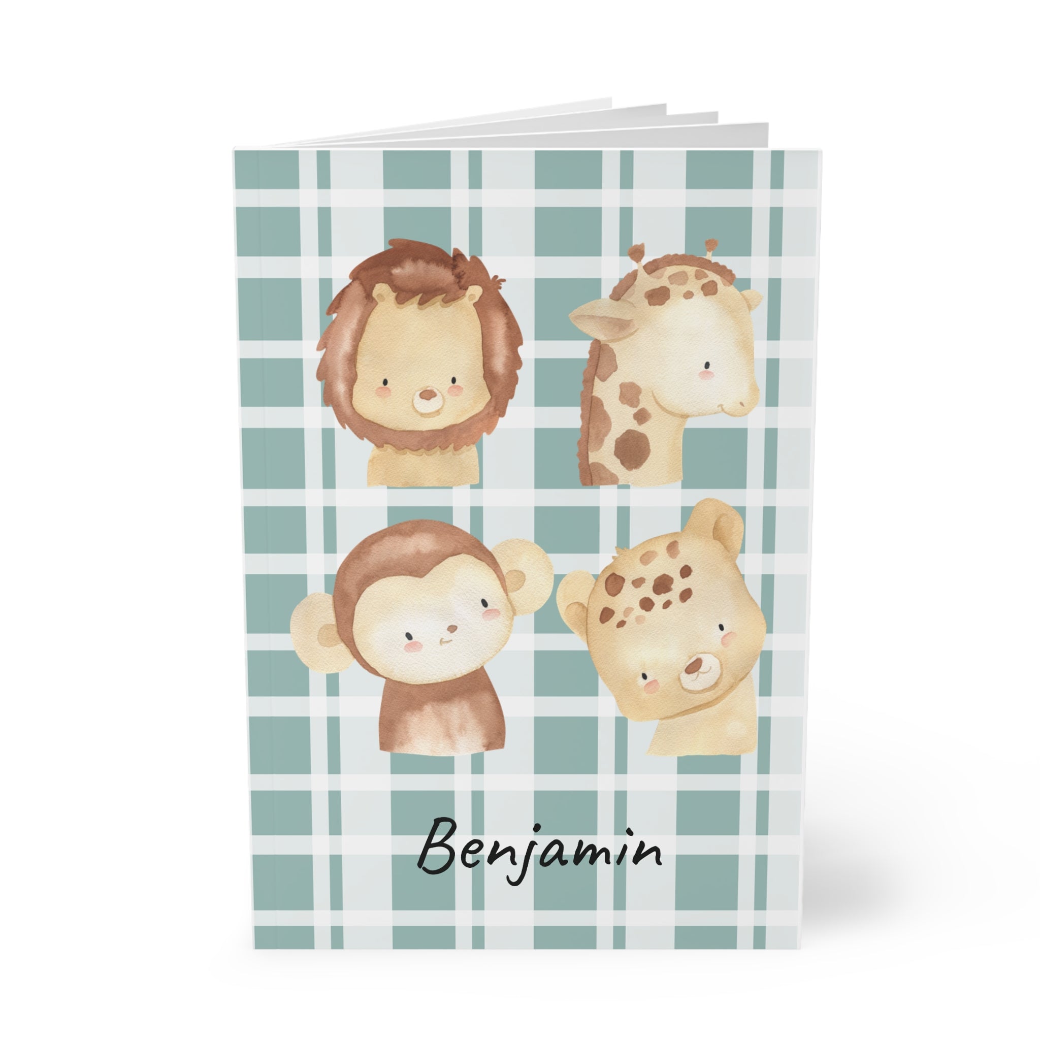 Personalized safari plaid notebook held in hand showing A5 size
