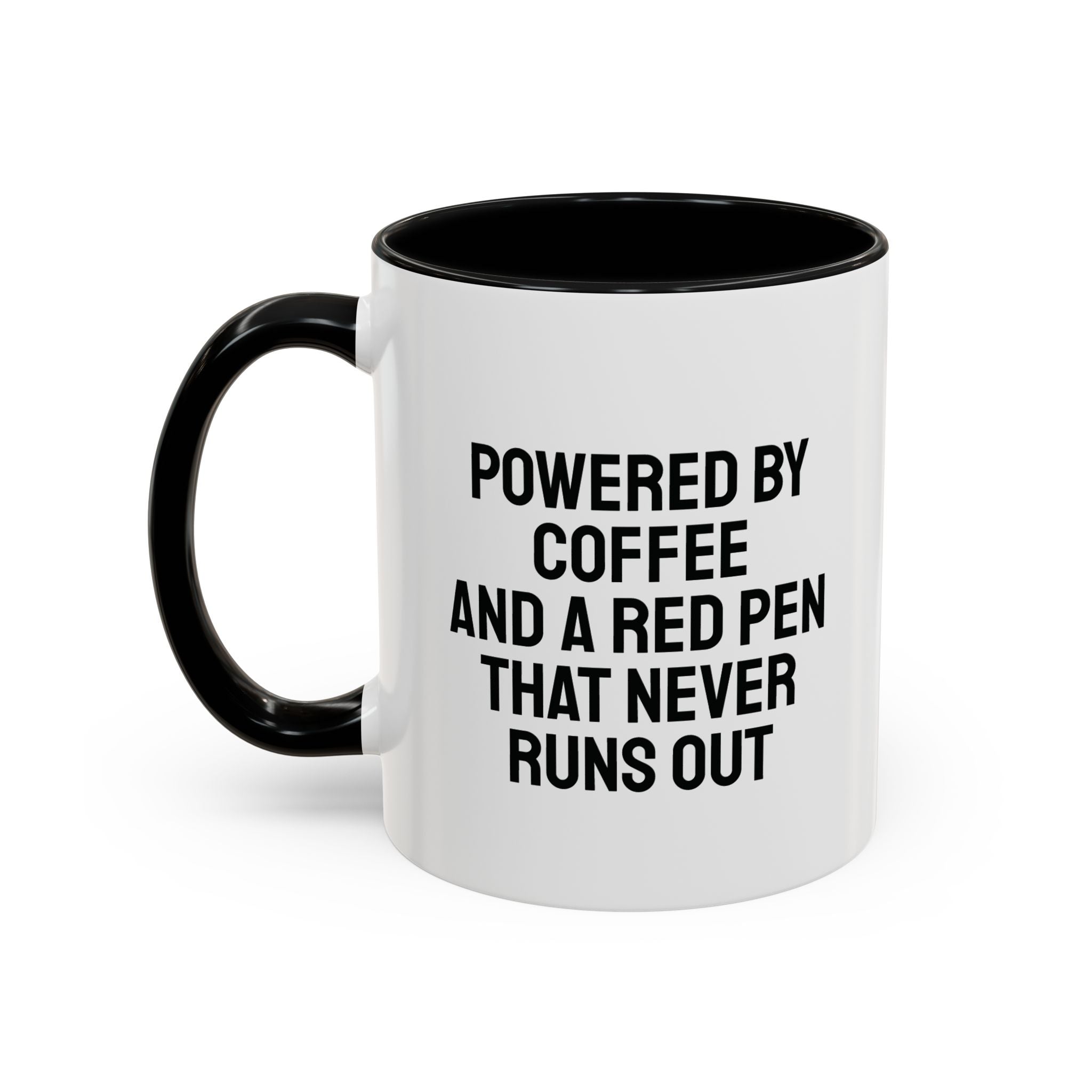 Close-up of red pen quote print on teacher coffee mug