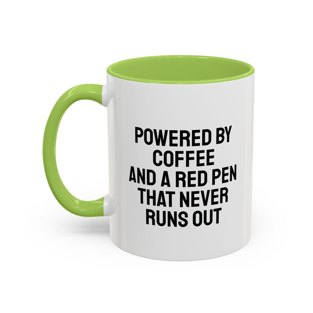 Flat lay of personalized teacher mug with red pens