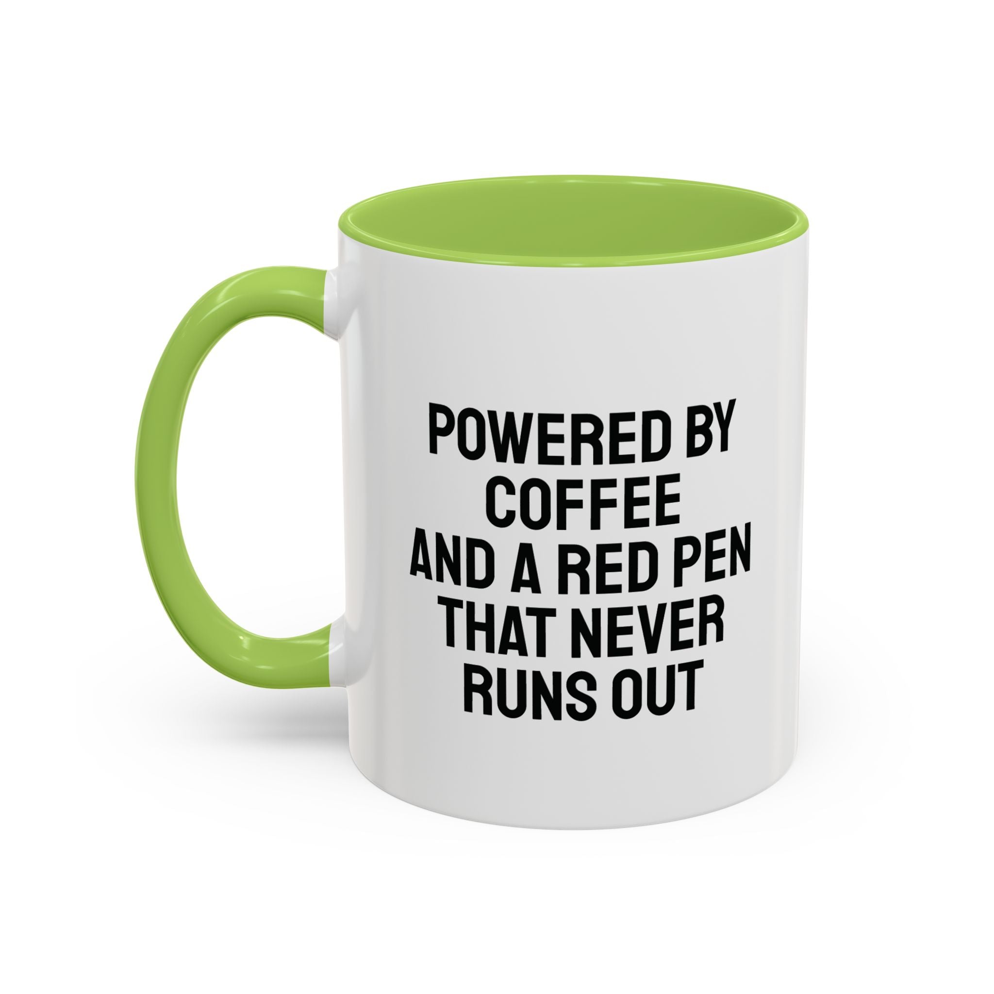 Flat lay of personalized teacher mug with red pens