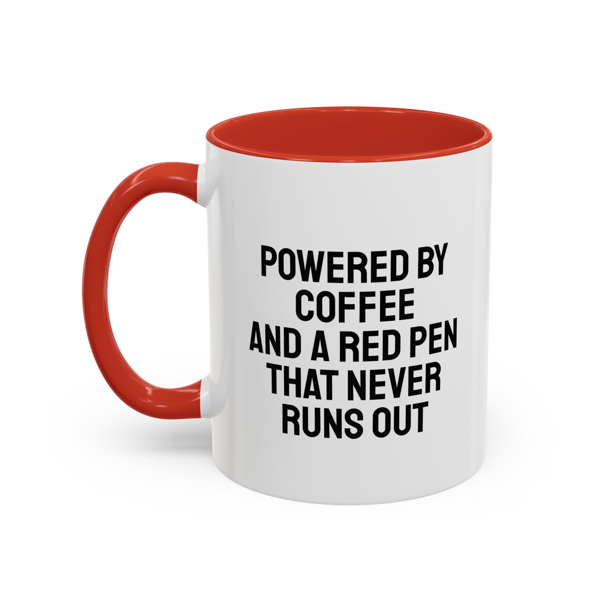 Personalized teacher coffee mug on a desk with notebook and pens