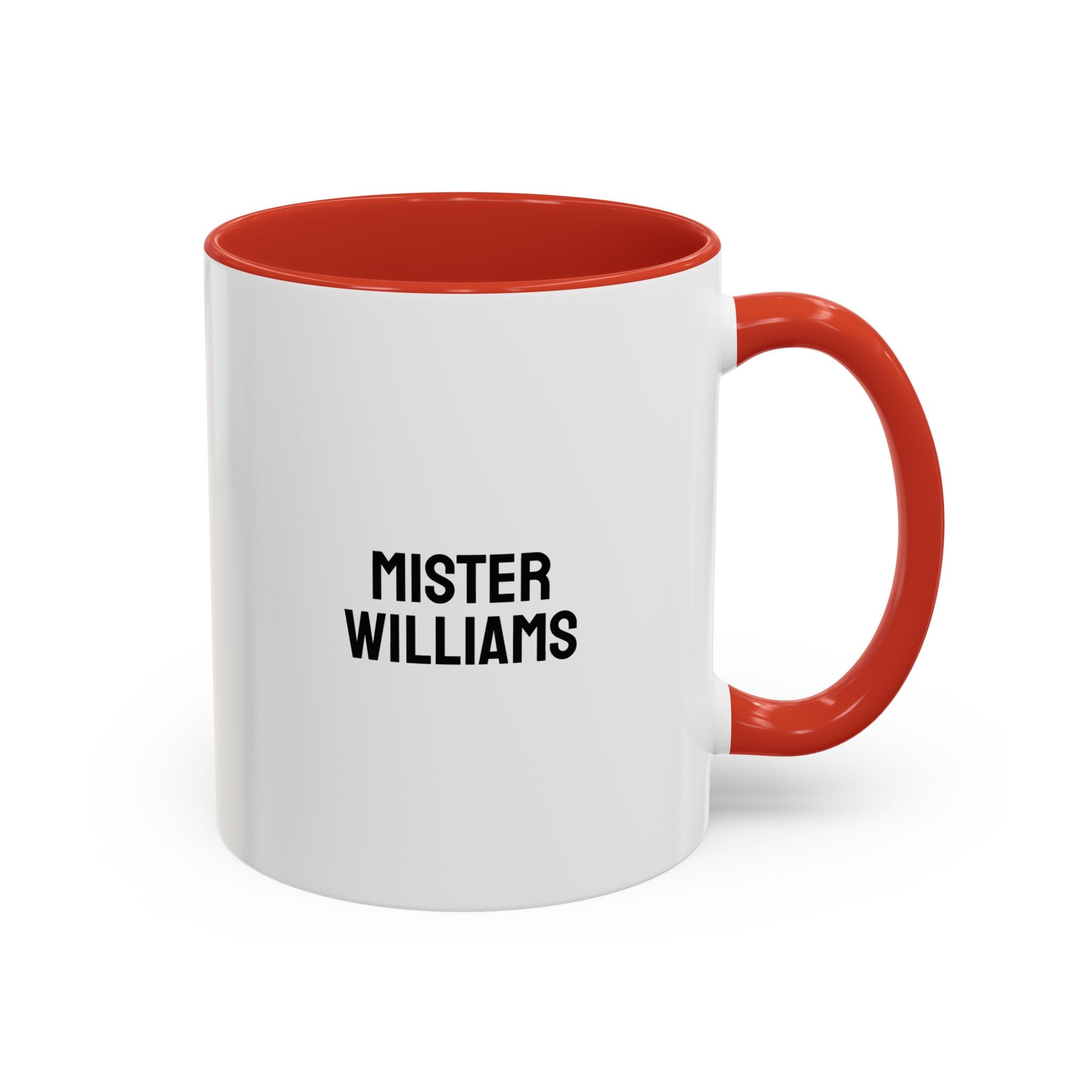 Personalized teacher coffee mug with red handle and interior