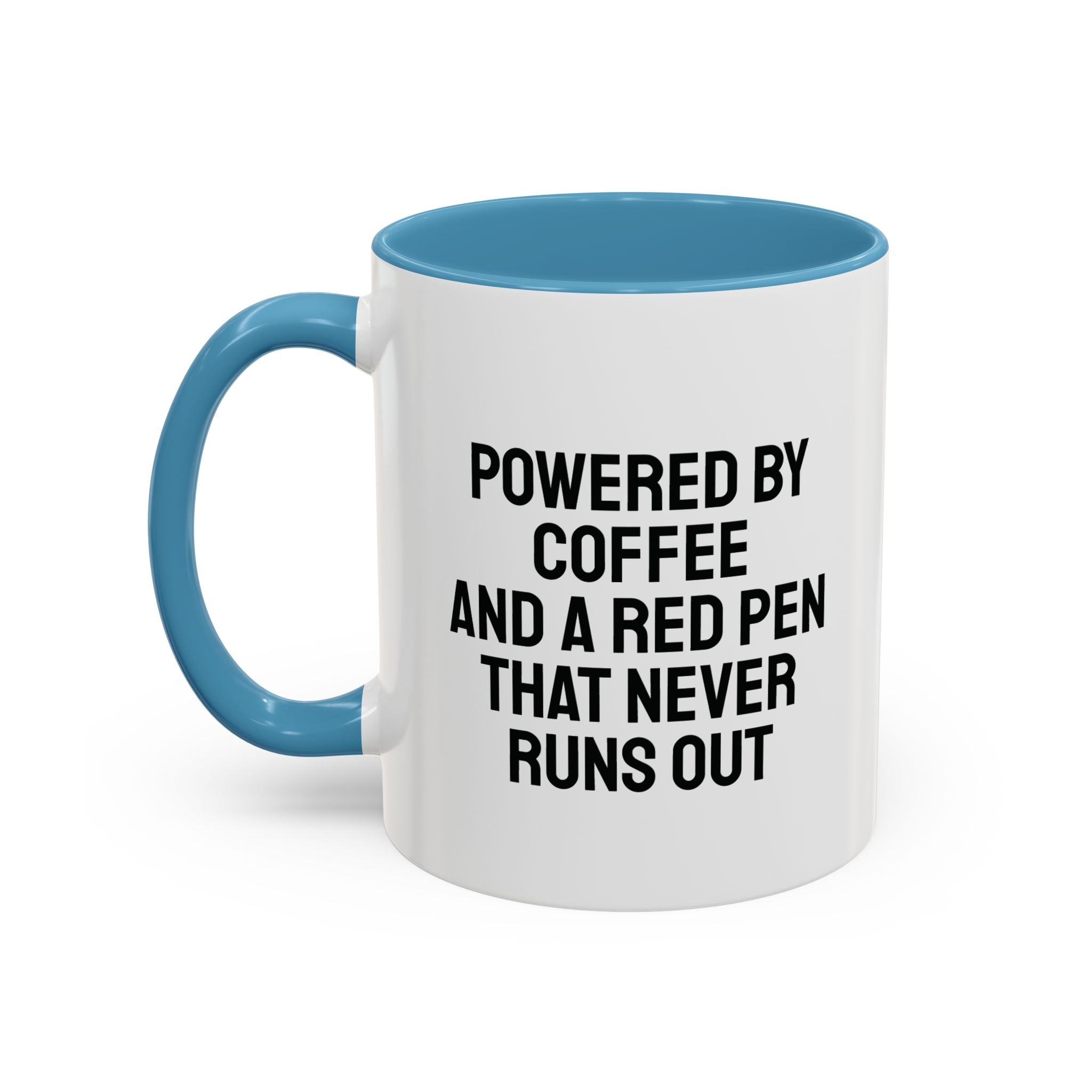 Personalized teacher coffee mug with yellow handle and red pen quote