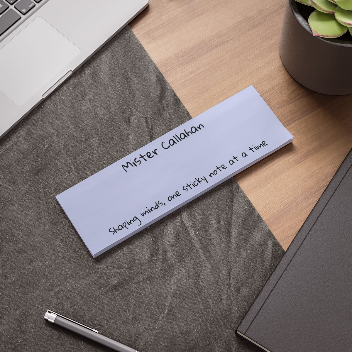 Close-up of personalized teacher sticky note pad 10x3 inch print detail